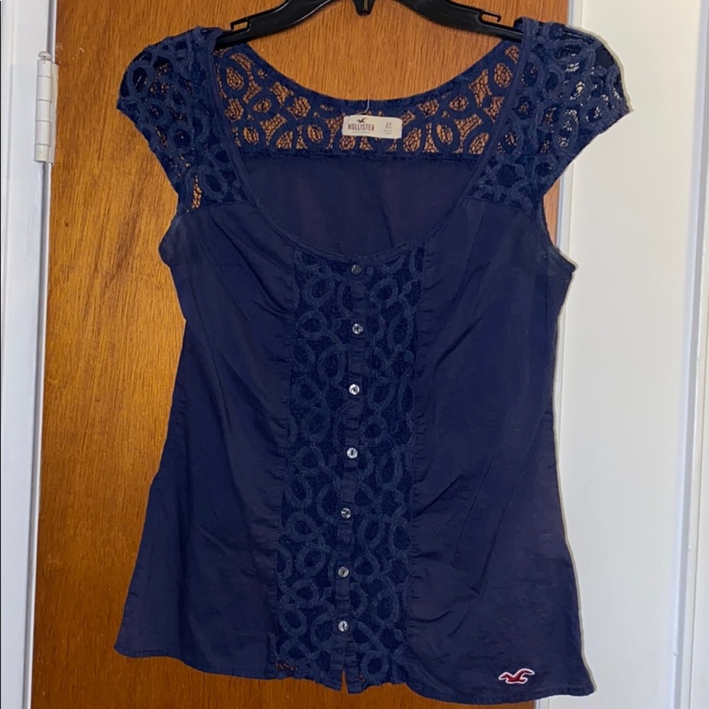 Navy blue lace short sleeve blouse